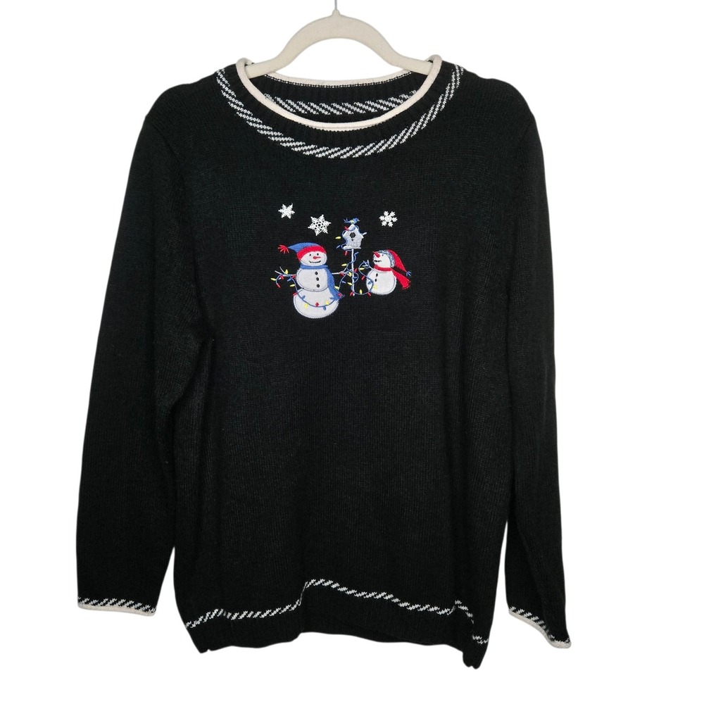 Vintage Carroll Reed Black‎ Christmas Snowman Knit Sweater, Embroidered SZ XL